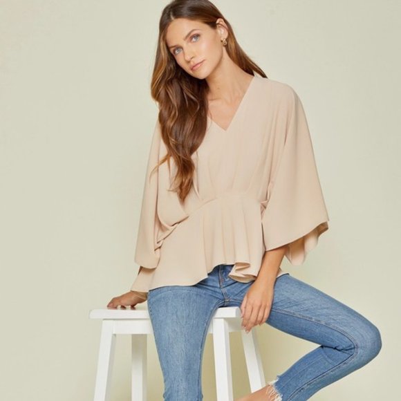 Tops - Ivory Woven Pleated Kimono Sleeve Top